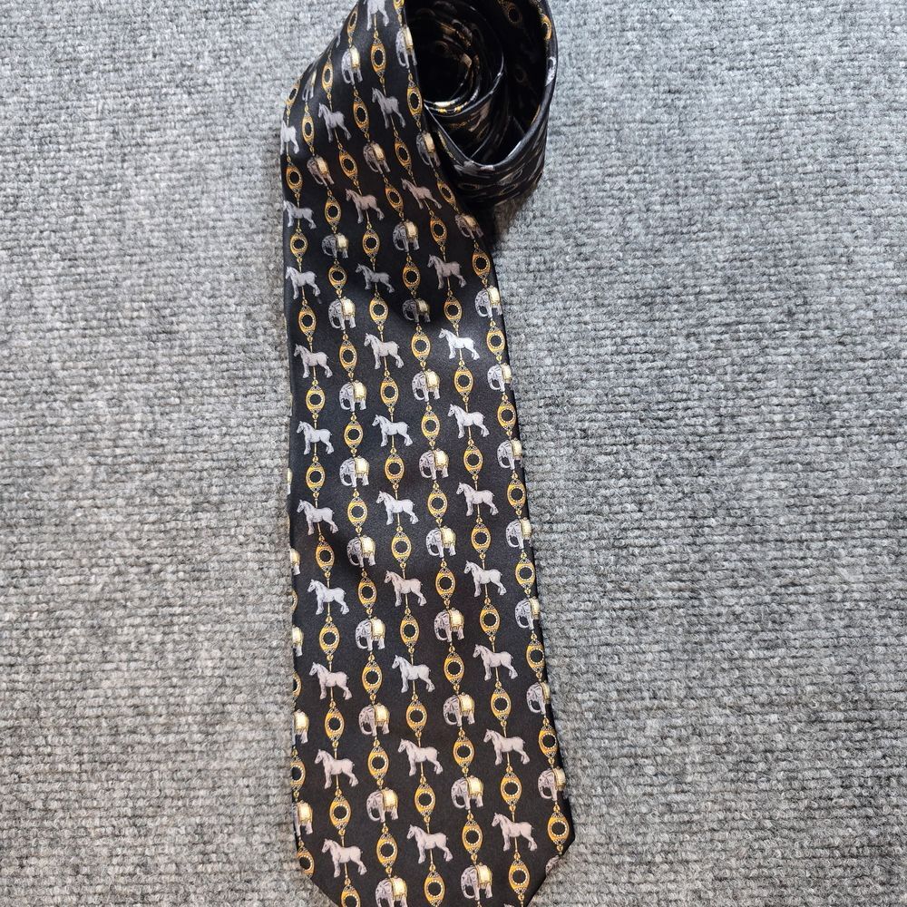 Faberge Silk Tie Horse Elephant Equestrian Black Gold Novelty Mens Necktie
